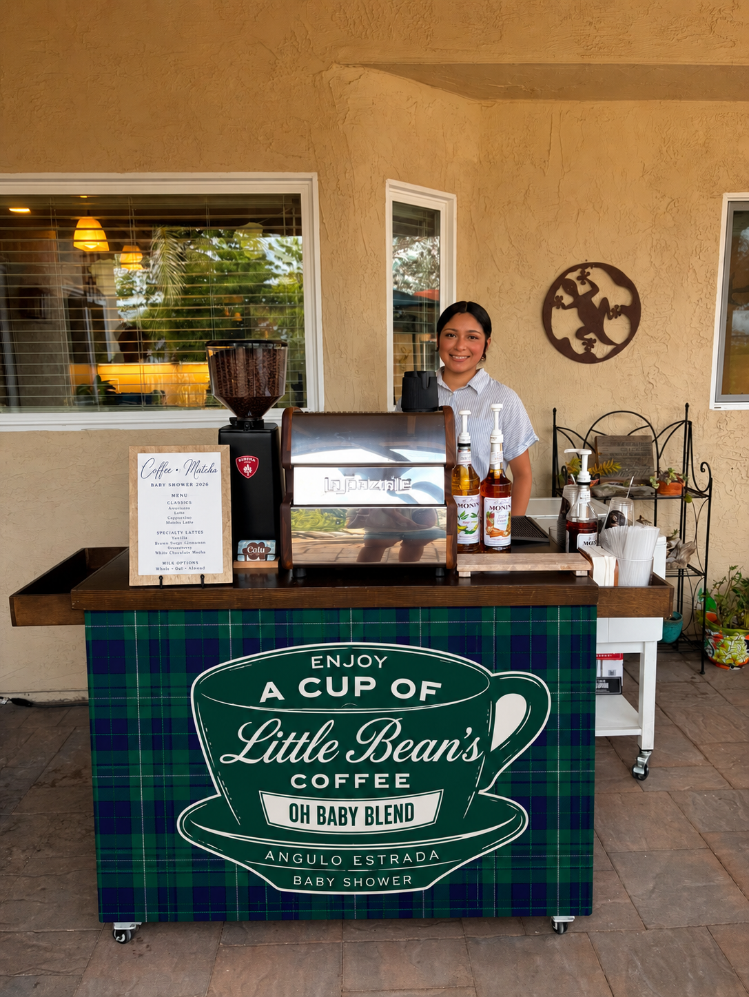 Custom branded coffee cart with client logo at a baby shower